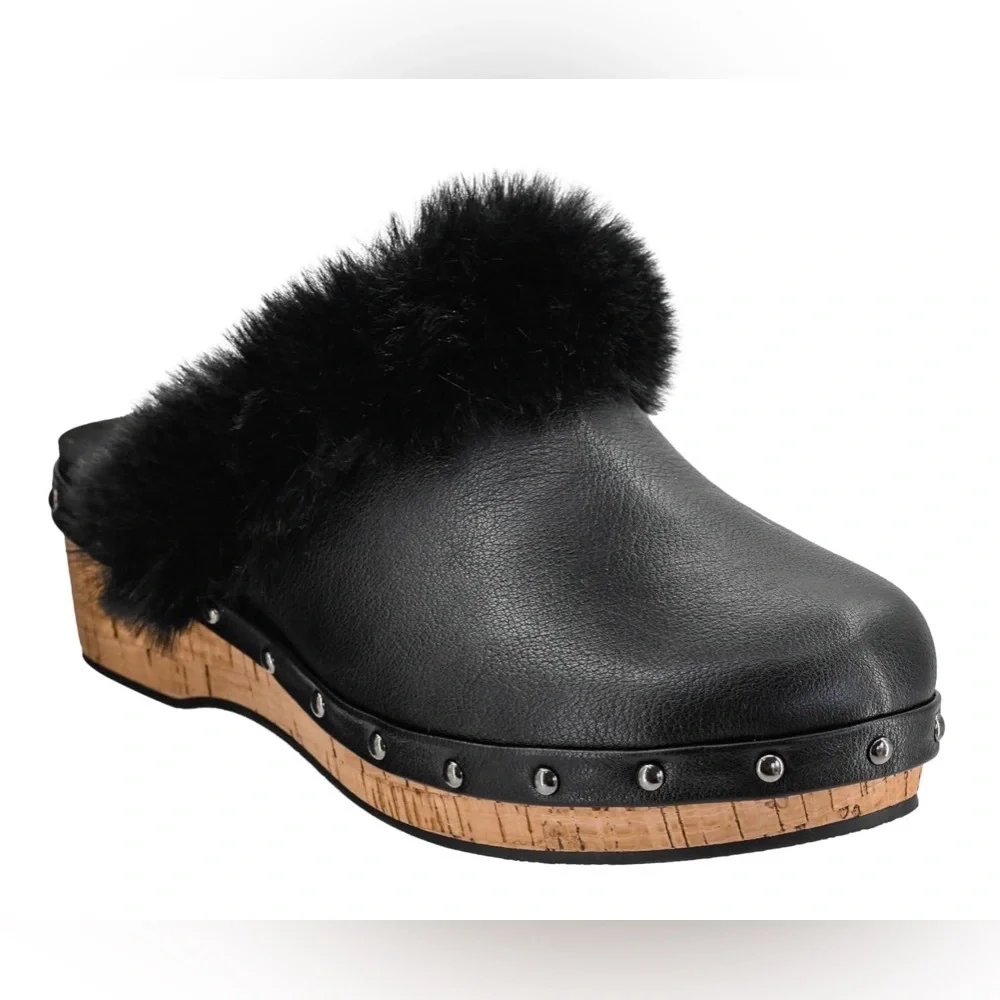CORKYS Women's Just Fur Fun Black Wedge Slip On Fur Lined Studded Mules 10 New